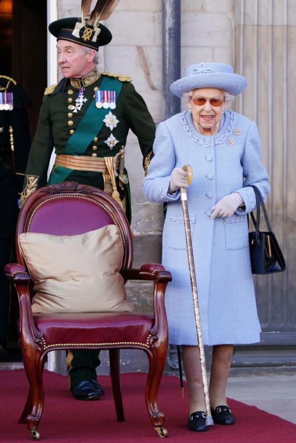 The Duke of Buccleuch and Queen Elizabeth II attending the Queen's Body Guard for Scotland (also known as the Royal Company of Archers) Reddendo Parade on June 30, 2022.